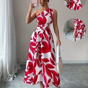 One-Shoulder Red Leaf Print Midi Dress